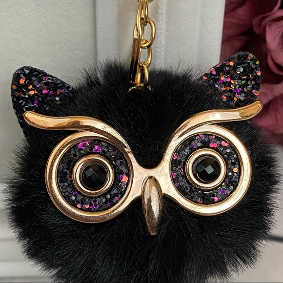 Fluffy Black Owl with Glasses Pom Pom Keychain - Picture 6 of 14